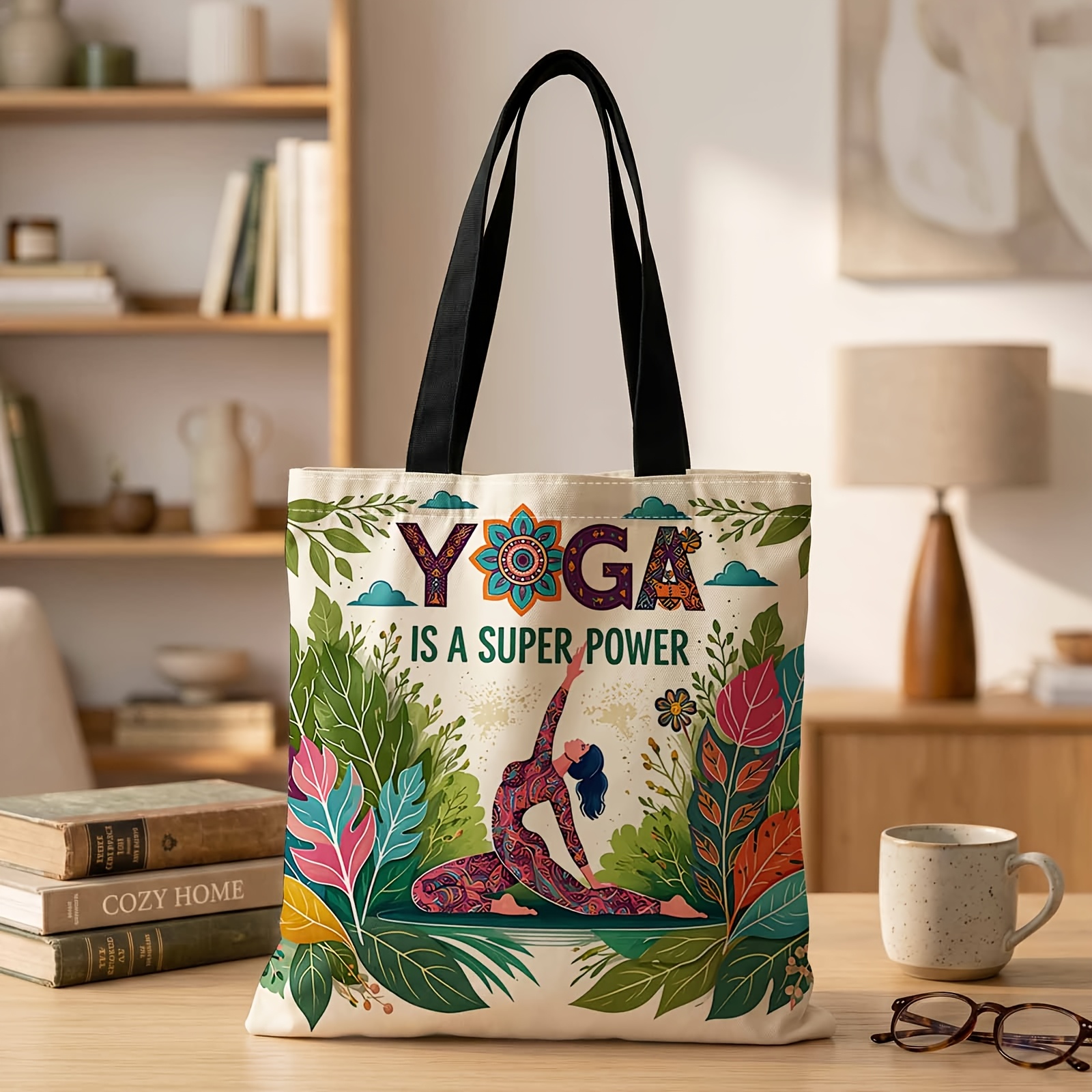 TEMU 1 szt. Torebka z nadrukiem 2D z wzorem „Yoga Boost”, wielokrotnego użytku, modna torba na ramię, torba na zakupy, odpowiednia na zakupy, do