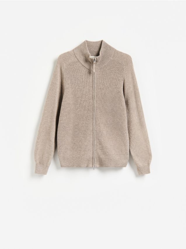 Reserved - Rozpinany sweter z wełny merino - beżowy