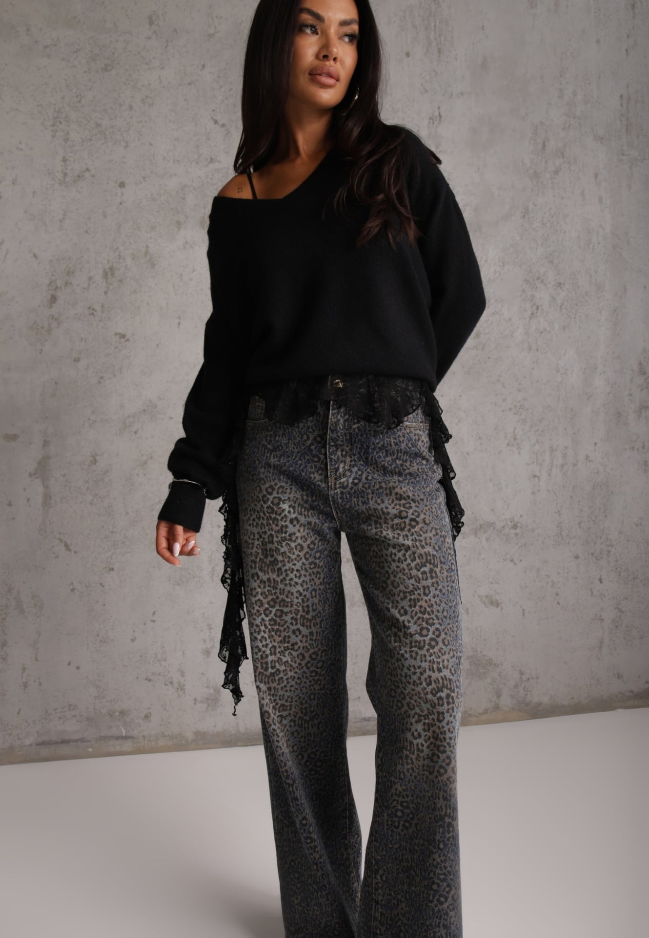 Niebieskie Panterkowe Jeansy Wide Leg High Waist z Bawełną Fealli