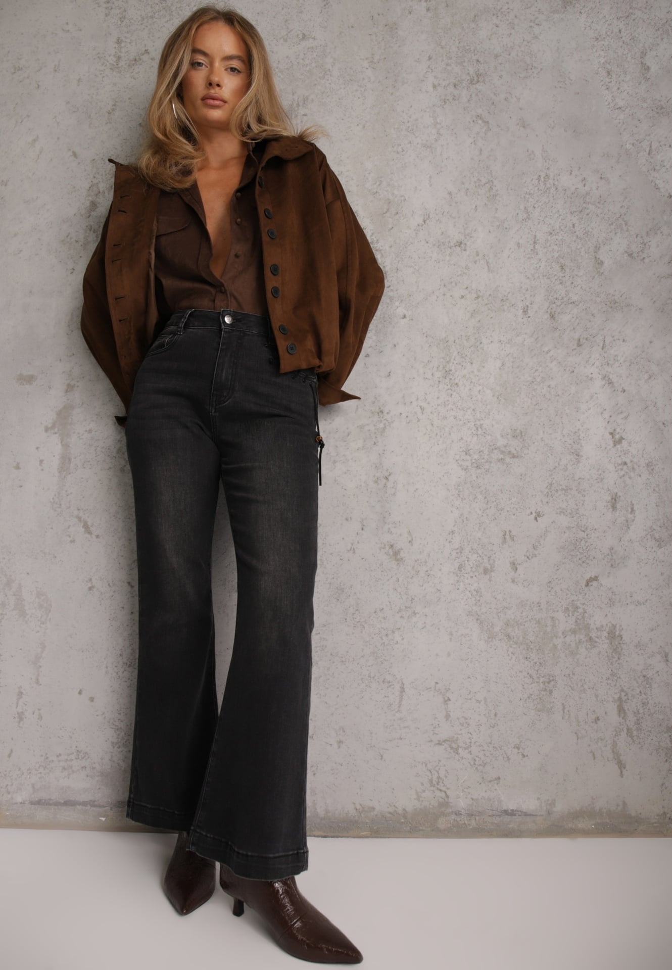 Czarne Jeansy Flare z Bawełną High Waist Ademe