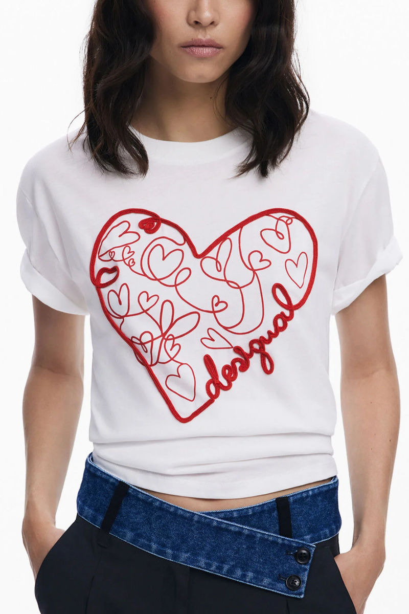 Damski bawełniany T-shirt Desigual z nadrukiem i haftem