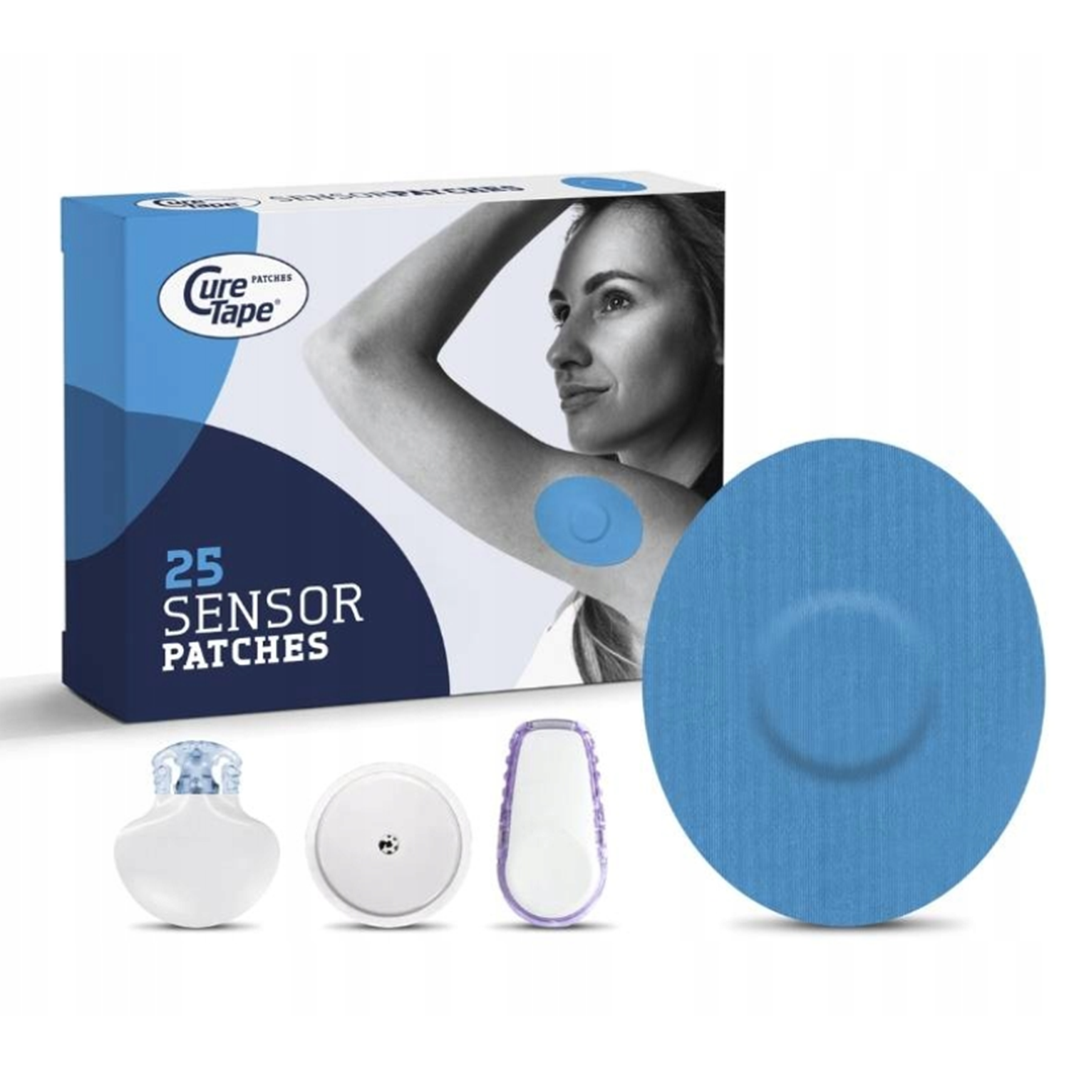 CureTape Sensor Patches, plastry na sensor CGM do monitorowania glukozy, niebieskie, 25 sztuk