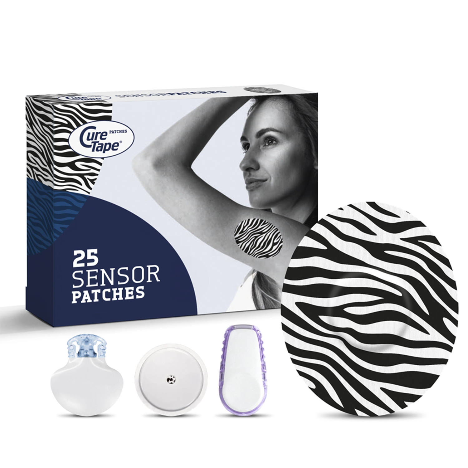 CureTape Sensor Patches ART, plastry na sensor CGM do monitorowania glukozy, Zebra Black, 25 sztuk
