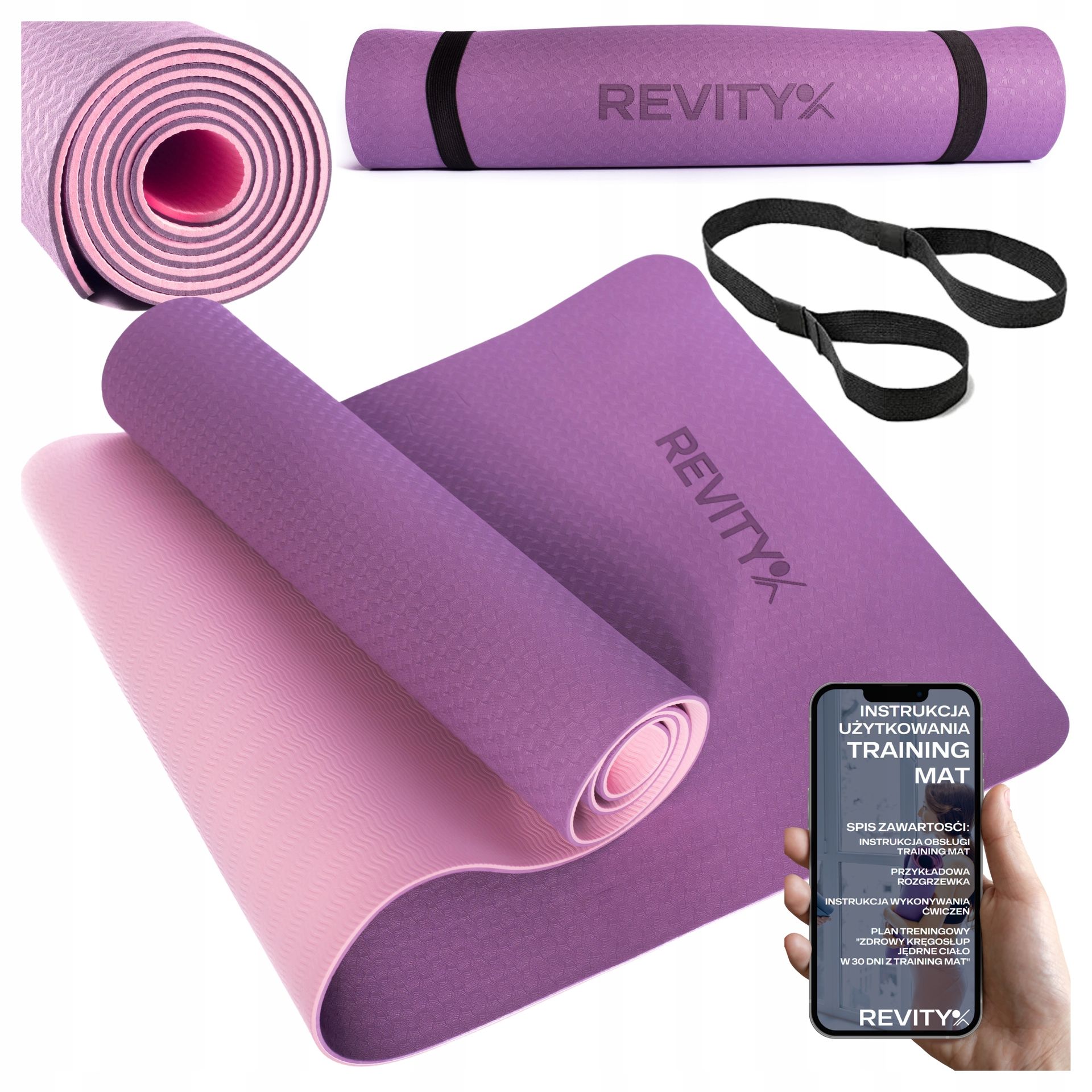 Revity Training Mat, mata do ćwiczeń TPE, dwuwarstwowa, antypoślizgowa, 183 × 61 × 0,6 cm, różowo-fioletowa, 1 sztuka