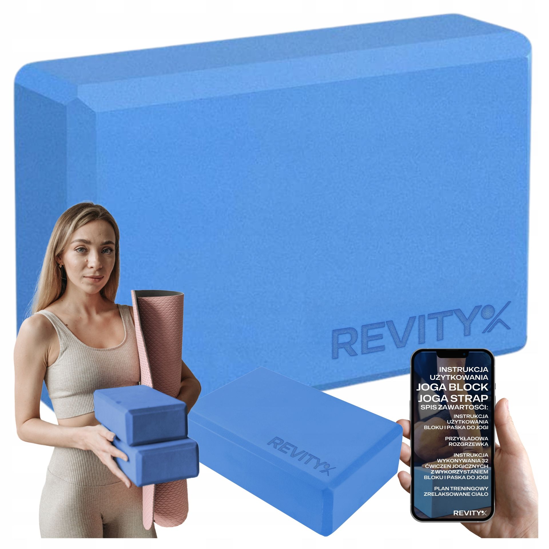 Revity Yoga Block, klocek do jogi, EVA, fazowane krawędzie, 23 × 15 × 7,5 cm, niebieski, 1 sztuka