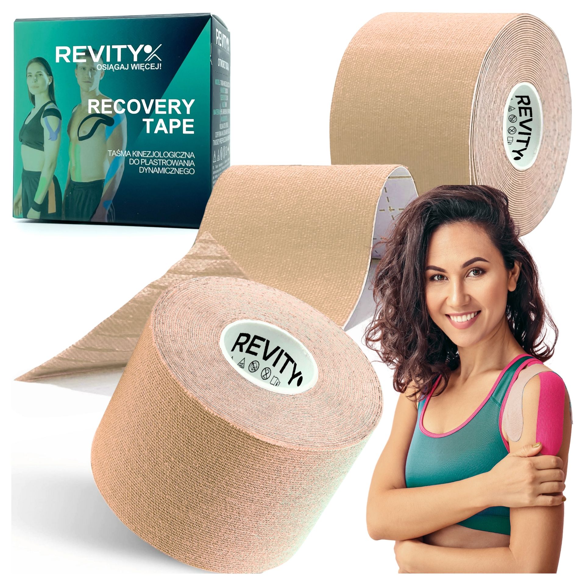 Revity Kinesiology Recovery Tape, taśma kinezjologiczna Recovery, wodoodporna, 5 cm × 5 m, jasny beż, 1 sztuka