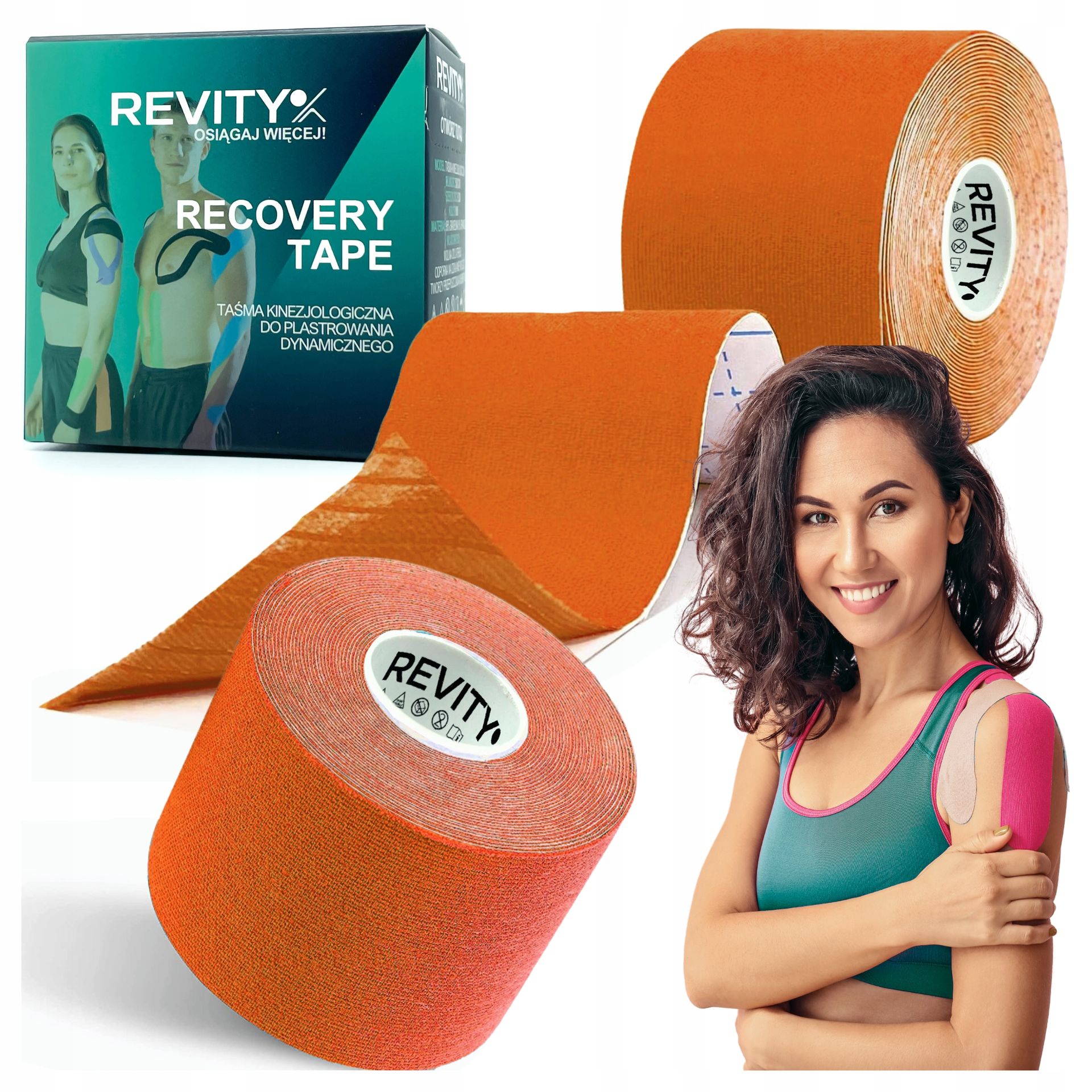 Revity Kinesiology Recovery Tape, taśma kinezjologiczna Recovery, wodoodporna, 5 cm × 5 m, pomarańcz, 1 sztuka