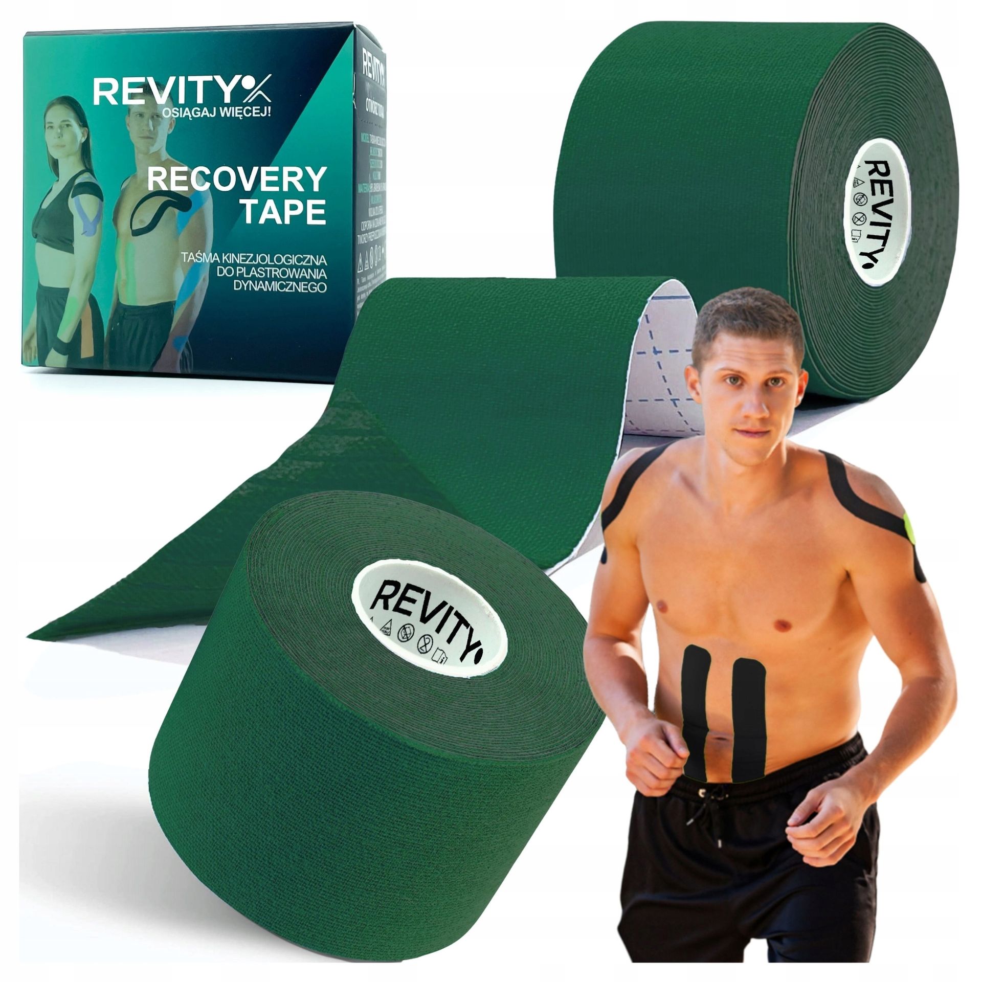Revity Kinesiology Recovery Tape, taśma kinezjologiczna Recovery, wodoodporna, 5 cm × 5 m, ciemna zieleń, 1 sztuka