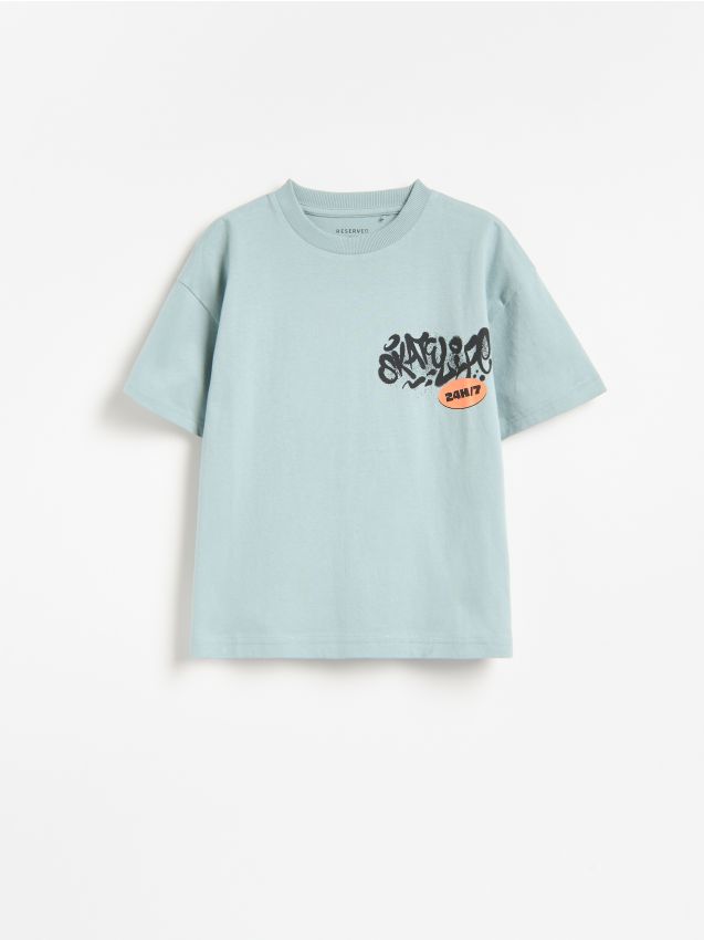 Reserved - Bawełniany t-shirt z nadrukiem - miętowy