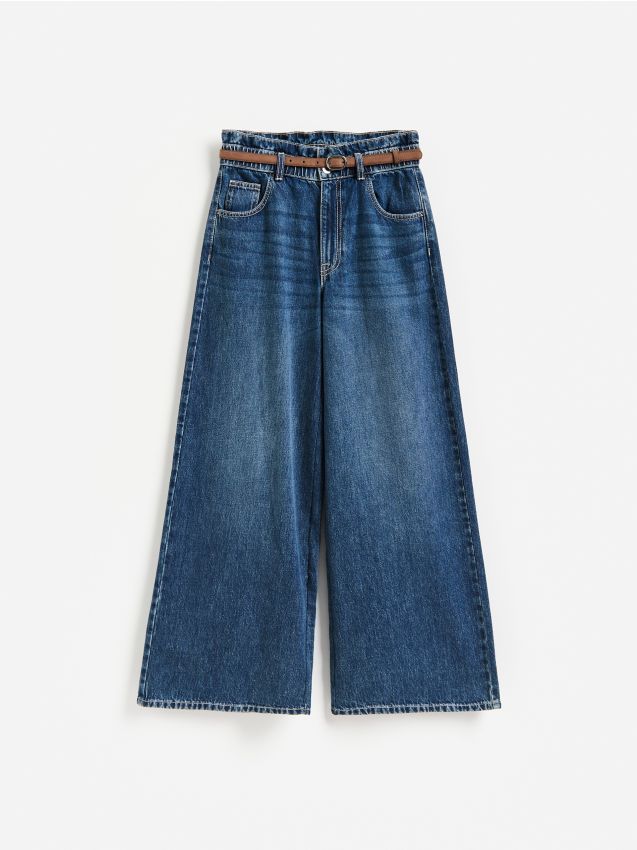 Reserved - Jeansy wide leg z paskiem - granatowy