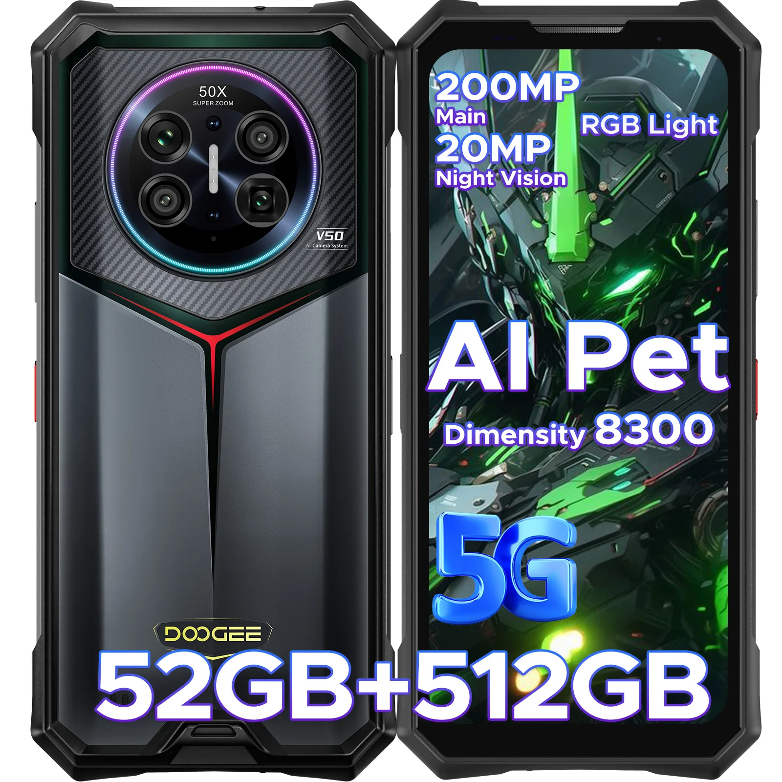DOOGEE V50 AI 5G Wytrzymały Telefon 52GB RAM (16+36) 512GB ROM Dimensity 8300 Aparat 200MP Aparat Nocny 20MP Android 16 Obsługuje Walkie Talkie Oświetlenie RGB 12GB 512GB Silver
