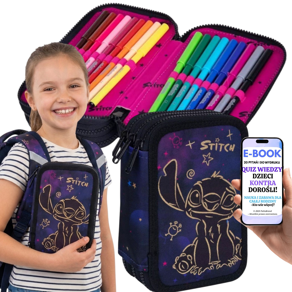 Piórnik Złote Akcenty Kredki Flamastry Prezent Stitch Piórnik Szkolny Dla Dziecka + E-BOOK-2