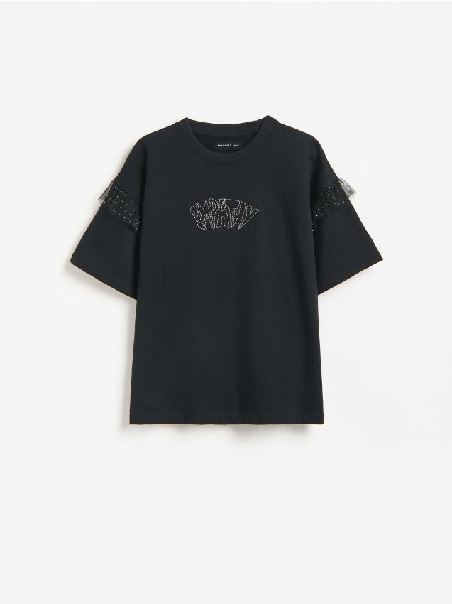 Reserved - Bawełniany t-shirt z falbankami - czarny
