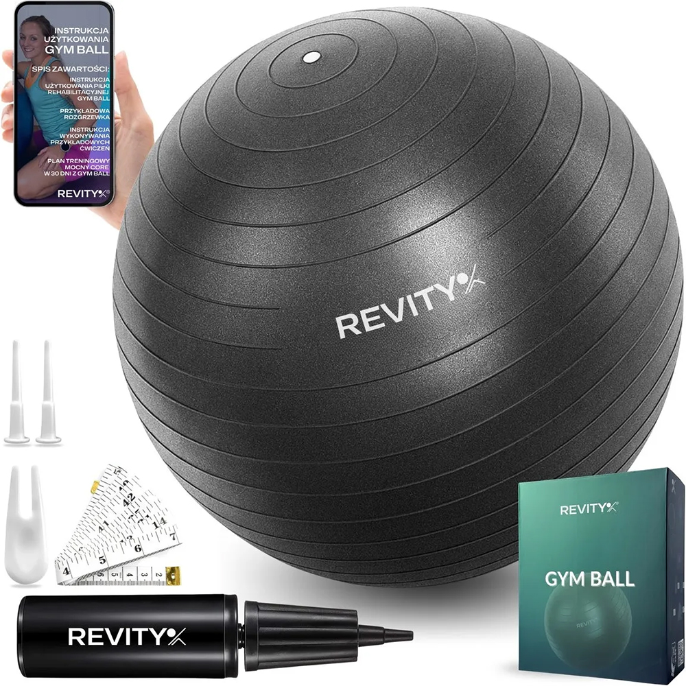 Revity Gym Ball, piłka do ćwiczeń, PVC, antypoślizgowa, 55–75 cm, czarna, zestaw z pompką, 1 sztuka