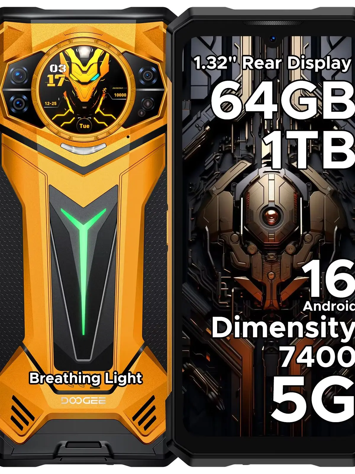 DOOGEE S200 Ultra 5G Wytrzymały Telefon Dimensity 7400 64GB RAM (12+52) 1TB ROM 6.72'' 120Hz Wyświetlacz Bateria 11000mAh 66W NFC Android 16 Smartfony 12GB 1TB Yellow