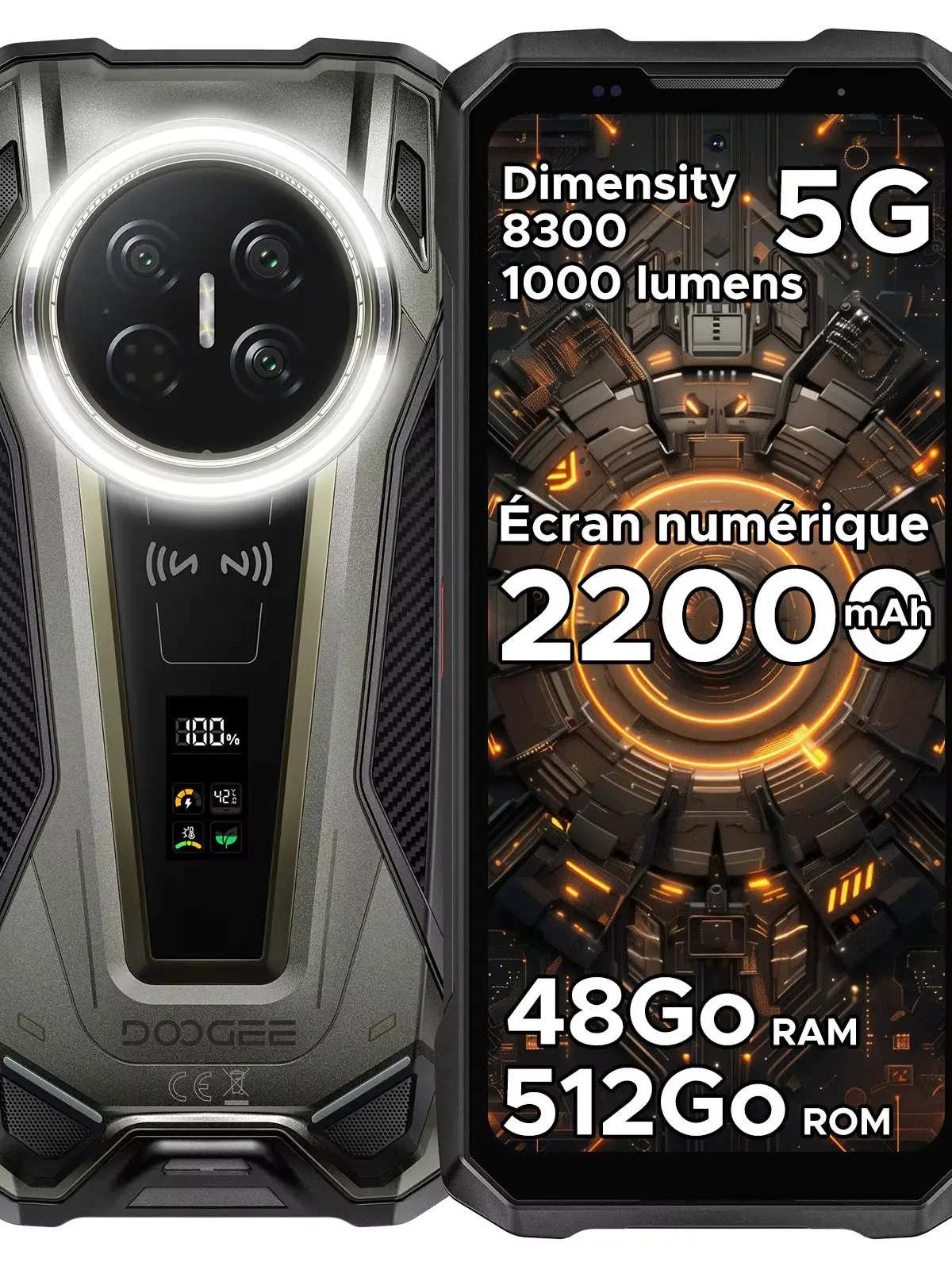 DOOGEE V Max 2 Wytrzymały telefon Dimensity 8300 Bateria 22000mAh Aparat 200MP 48GB(16+32) RAM 512GB ROM Podwójna lampa kempingowa Obsługa Android16 Telefon inteligentny z funkcją POC Talk 16GB 512GB Black