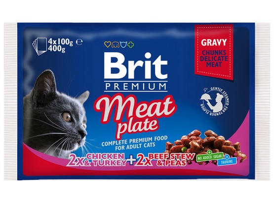Brit 4x100g Meat Plate Kurczak indyk + wołowina groszek Karma dla kota