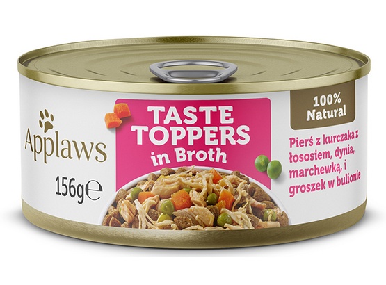 Applaws Taste Toppers w bulionie, 6 x 156 g - Kurczak z łososiem, dynią, marchewką i groszkiem