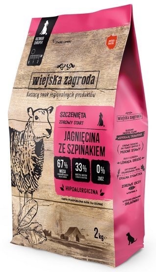 Wiejska Zagroda Karma sucha dla psa Jagnięcina ze szpinakiem (szczeniak) chrupki S 2 kg