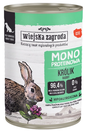 Zdrowa karma monoproteinowa dla psów dorosłych Wiejska Zagroda Królik 400g