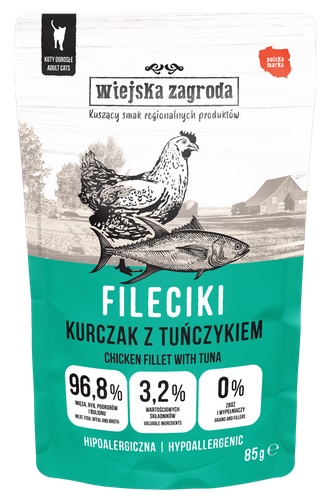 Wiejska Zagroda Karma mokra dla kota Fileciki Kurczak z tuńczykiem (dorosły) 85g (12 szt/op)