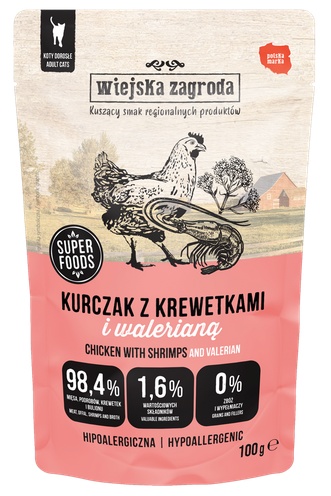Wiejska Zagroda Karma mokra dla kota Kurczak z krewetkami i walerianą (dorosły) 100g (12 szt/op)