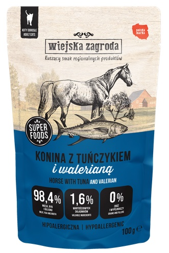 Wiejska Zagroda Karma mokra dla kota Konina z tuńczykiem i walerianą (dorosły) 100g (12 szt/op)