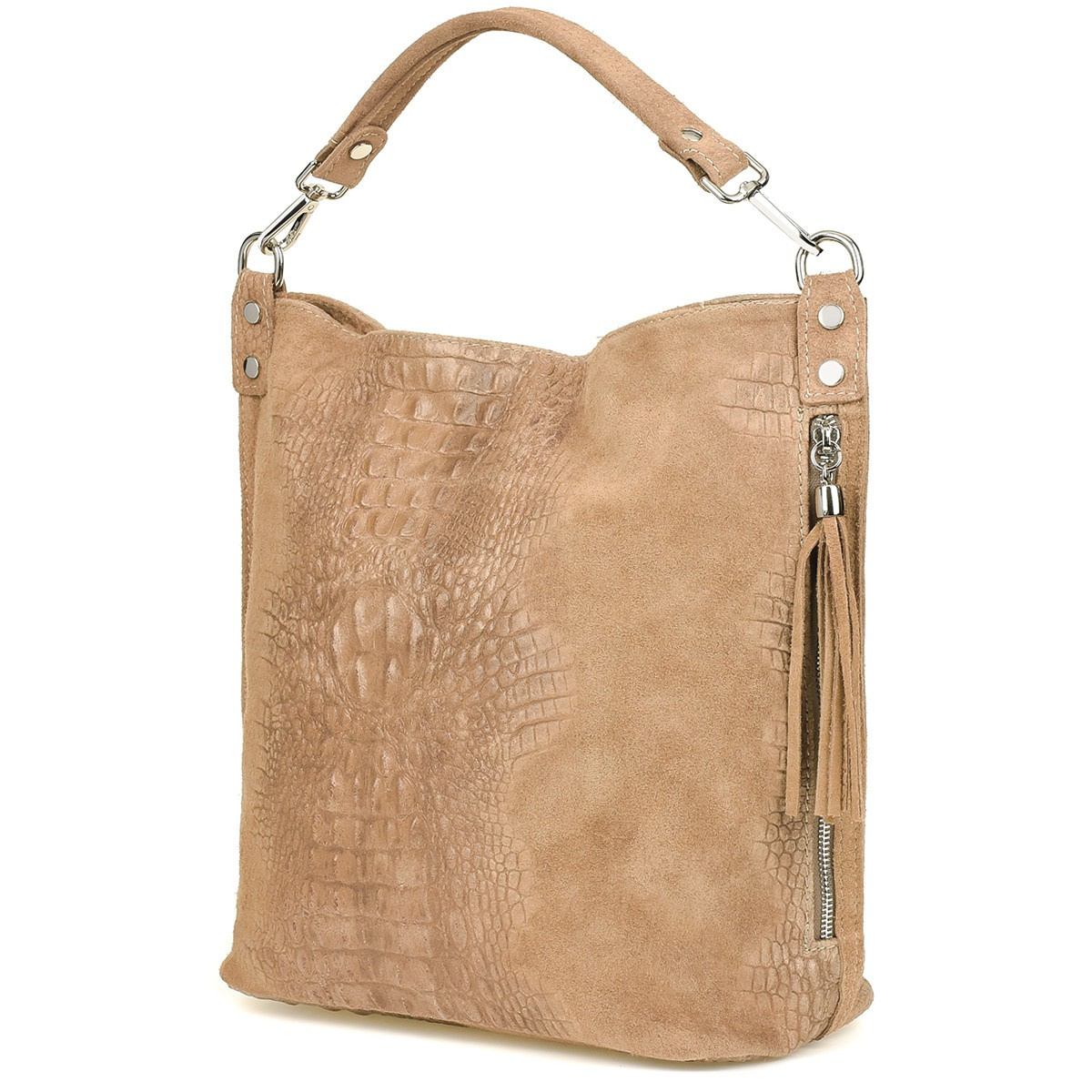 Beżowa torebka skórzana zamszowa damska shopper W10