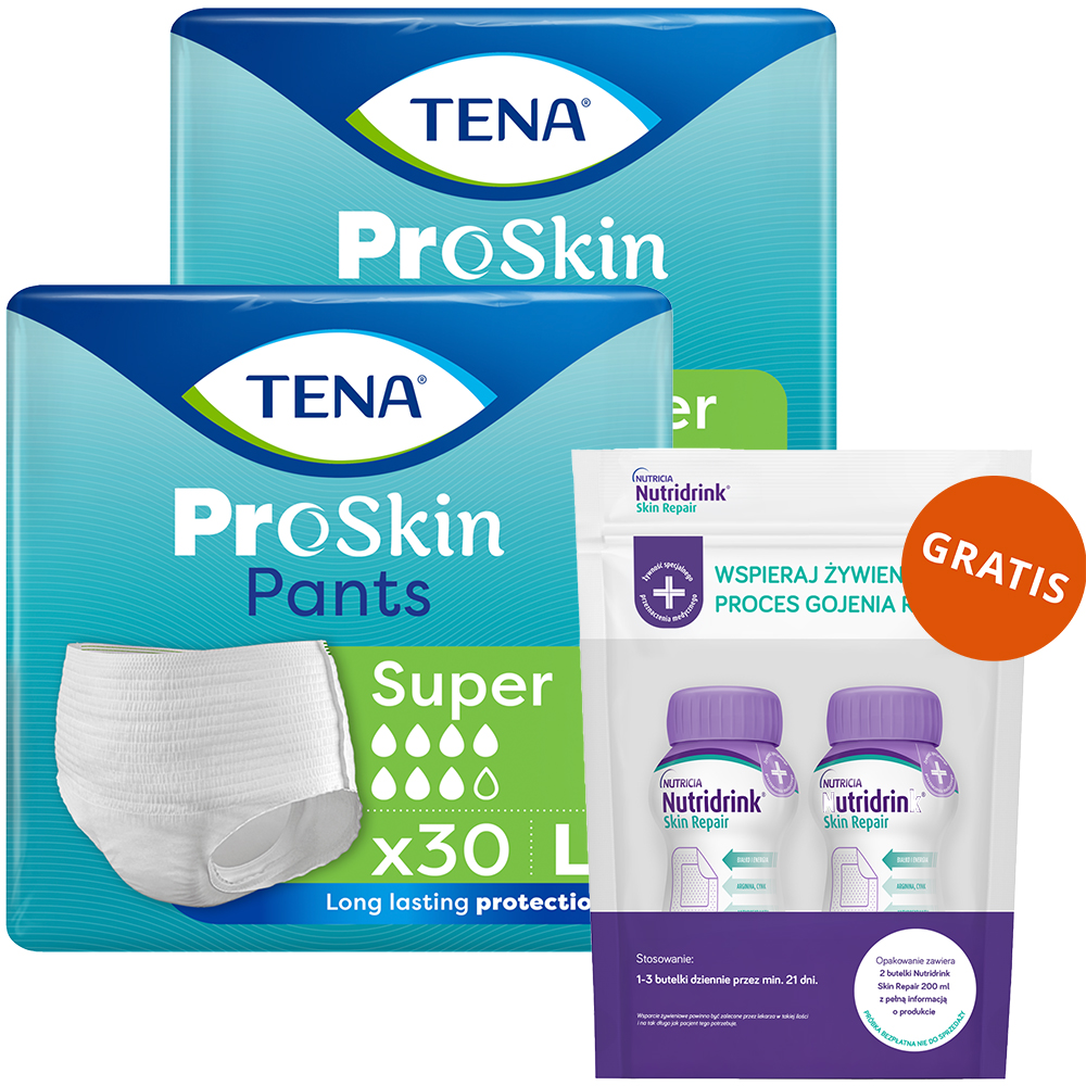 Zestaw Tena Pants Proskin Super, majtki chłonne, rozmiar L, 100-135 cm, 2 x 30 sztuk + Nutridrink Skin Repair, preparat odżywczy, smak czekoladowy, 2 x 200 ml gratis