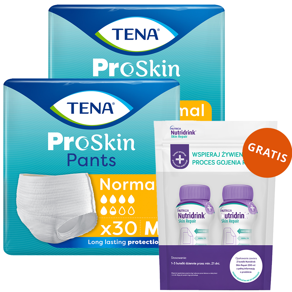 Zestaw Tena Pants ProSkin Normal, majtki chłonne, rozmiar M, 80-110 cm, 2 x 30 sztuk + Nutridrink Skin Repair, preparat odżywczy, smak czekoladowy, 2 x 200 ml gratis