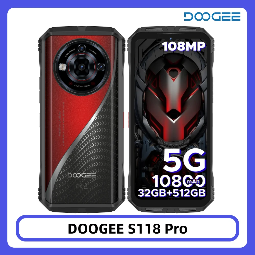 DOOGEE S118 Pro 5G Wytrzymały telefon komórkowy 32GB RAM + 512GB ROM Dimensity 7050 6.6'' FHD 120Hz Bateria 10800mAh Kamera 108MP NFC Smartfon 8GB 512GB Red