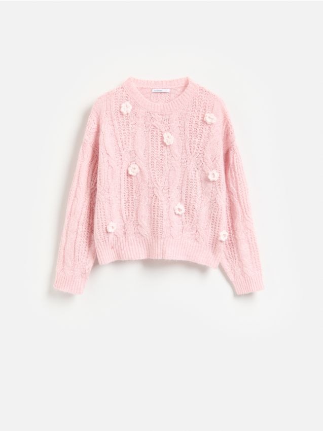 Reserved - Sweter z kwiatową aplikacją - różowy