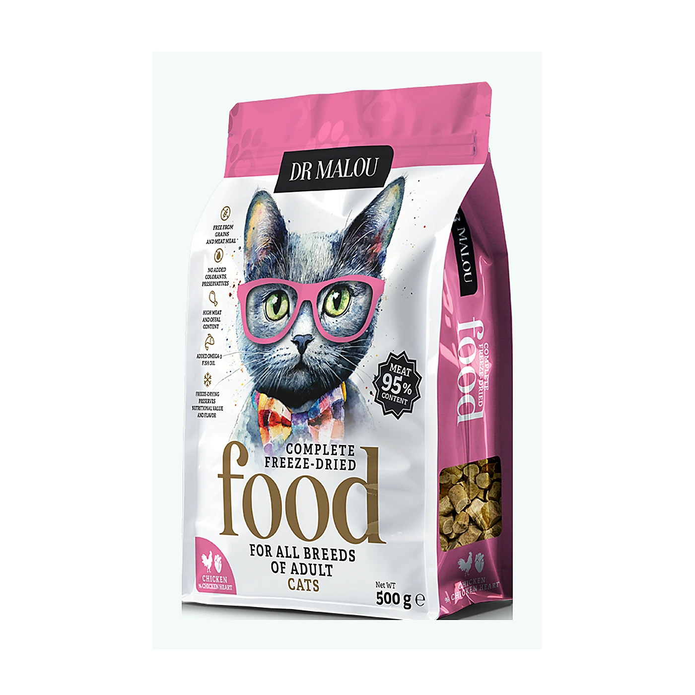 DR. MALOU Kurczak z kurzymi sercami 500G -KOT KARMA- Adult Cats liofilizowana karma pełnoporcjowa