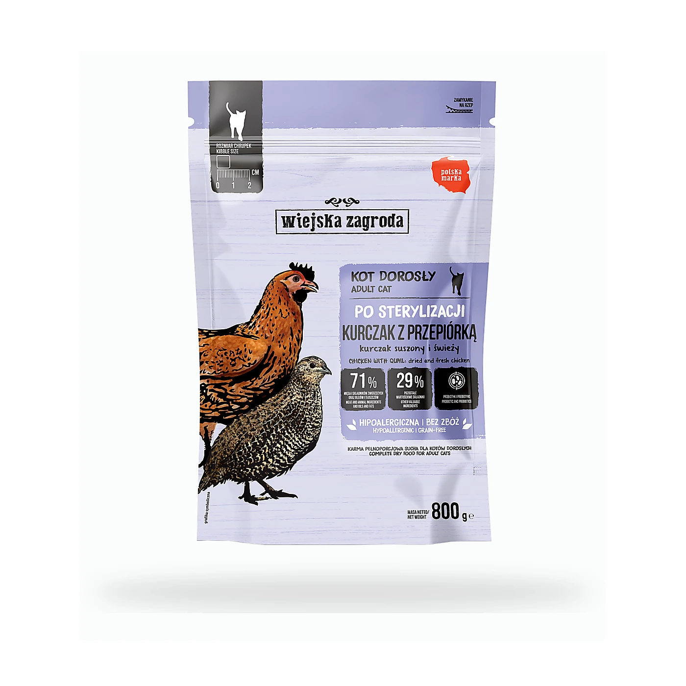 Wiejska Zagroda Karma sucha dla kota Dla sterylizowanych Kurczak z przepiórką Prebiotyk i probiotyk (dorosły) 800g