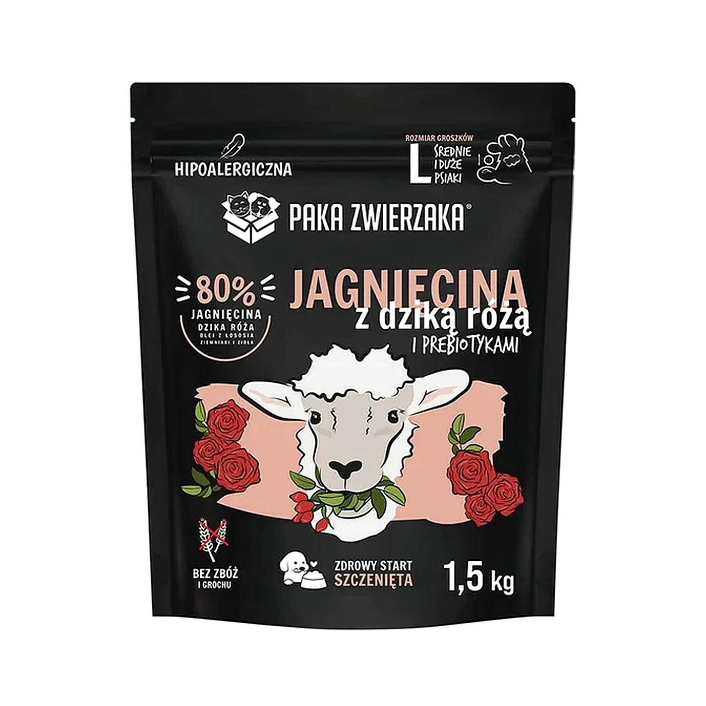 Karma sucha Paka Zwierzaka agnięcina z dziką różą PUPPY L 1,5kg