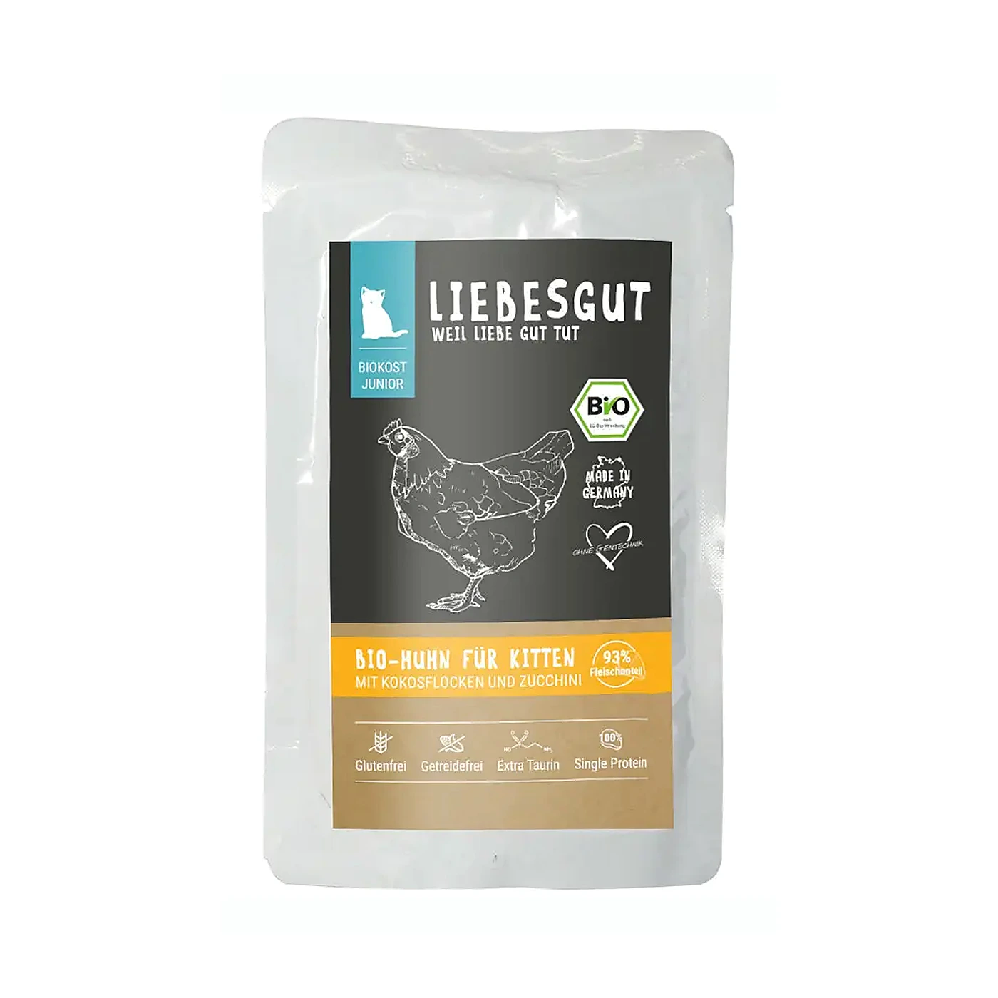 LIEBESGUT CAT Junior Bio Huhn; ekologiczny kurczak z płatkami kokosowymi dla kociąt (100g)