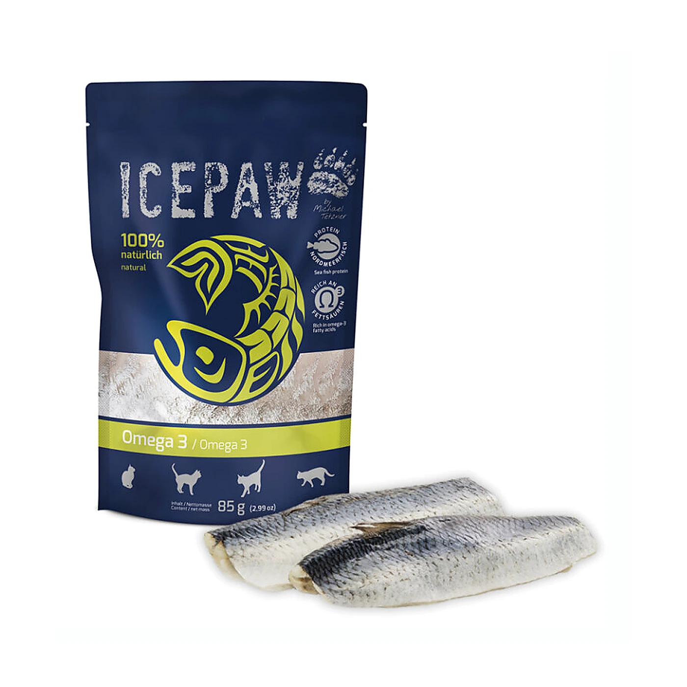 ICEPAW Cat Omega 3; łosoś i śledź pełnoporcjowa karma dla kotów (85g)