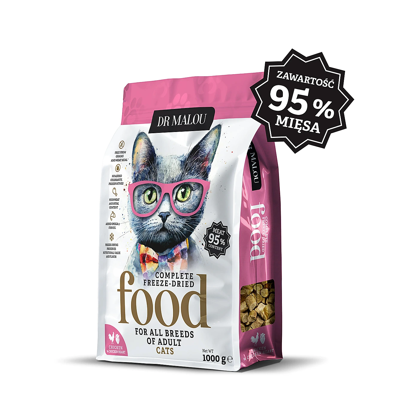 DR. MALOU Kurczak z kurzymi sercami 1000G -KOT KARMA- Adult Cats liofilizowana karma pełnoporcjowa
