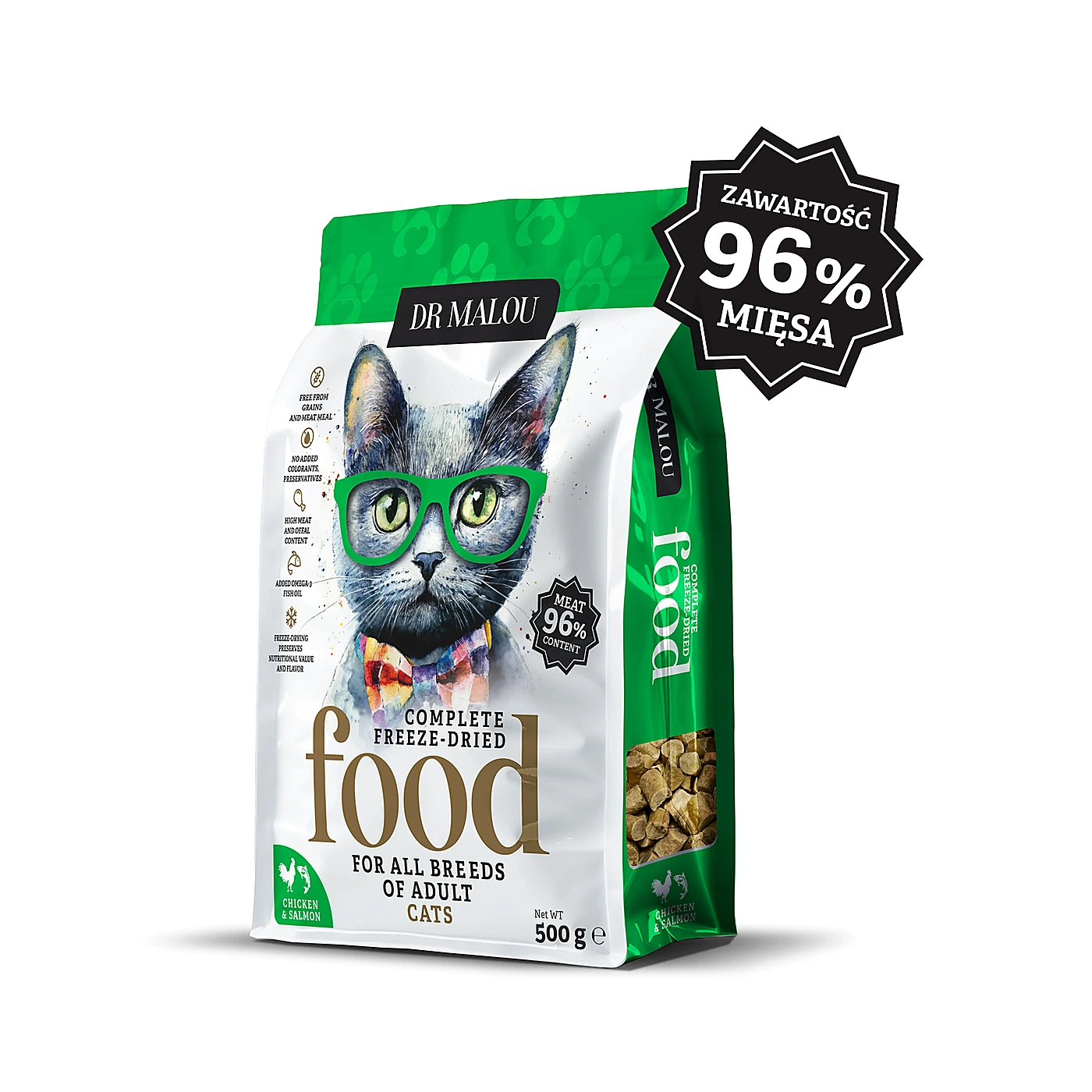 DR. MALOU Kurczak z łososiem 500G; KOT KARMA-Adult Cats liofilizowana karma pełnoporcjowa