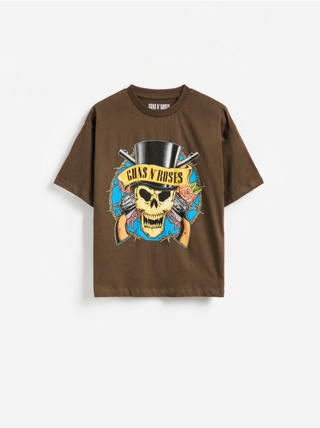 Reserved - T-shirt Guns N' Roses - ciemnobrązowy