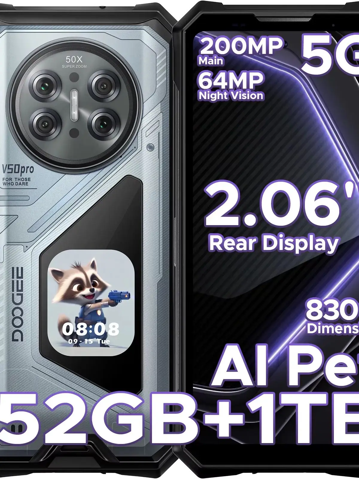 DOOGEE V50 Pro 5G AI Wytrzymały Smartfon z Procesorem Dimensity 8300, 52 GB RAM (16+36), 1 TB ROM, z wielofunkcyjnym tylnym wyświetlaczem AMOLED o przekątnej 2,06 cala, aparatem 200 MP, aparatem 12GB 512GB Gray