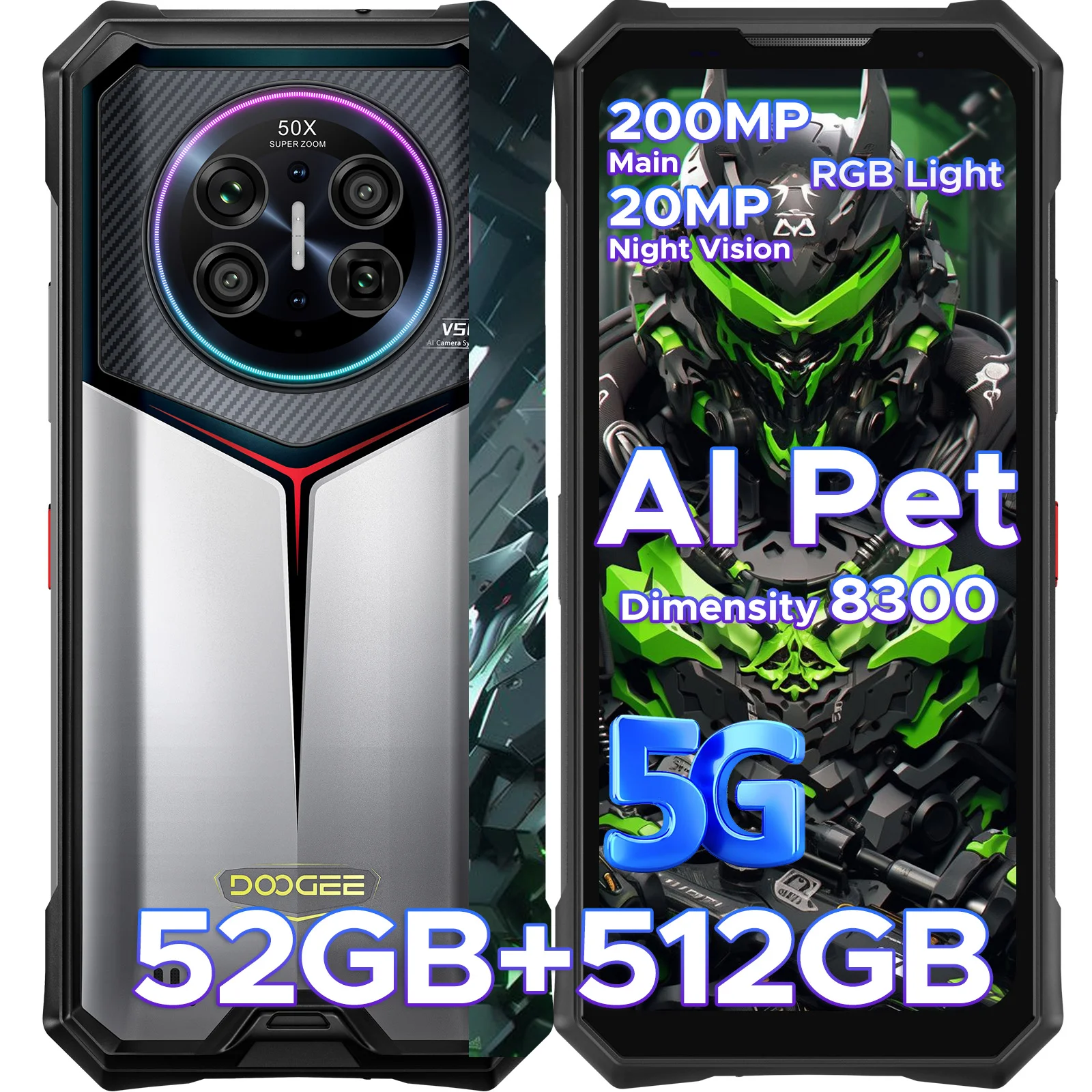 DOOGEE AI Wytrzymały Smartfon V50 5G Dimensity 8300 52GB RAM (16+36) 512GB ROM Aparat 200MP Aparat Nocny 20MP Android 16 Obsługuje Walkie Talkie Oświetlenie RGB Atmosferyczne Telefon Komórkowy 12GB 512GB Black