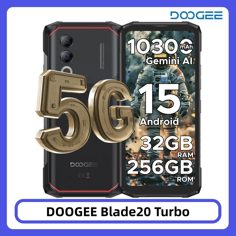 DOOGEE Blade20 Turbo 5G Wytrzymały Telefon 32GB+256GB 6.6'' HD+ Dimensity 7050 Aparat 50MP Gemini Al Bateria 10300mAh NFC WiFi6 Android 15 Smartfon 8GB 256GB TITANIUM