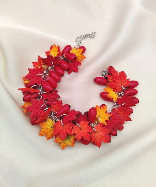 Bransoletka jesienna liście klonu i berberys handmade