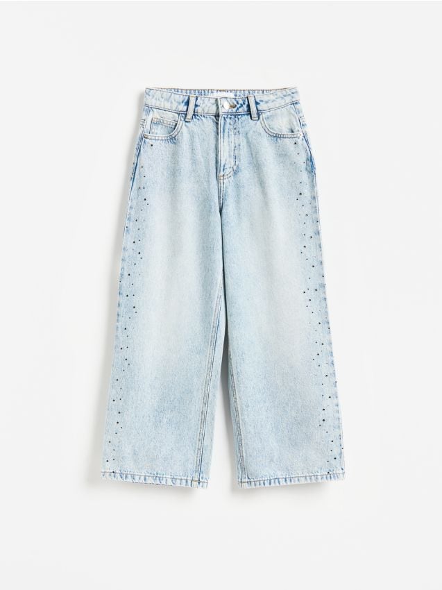 Reserved - Jeansy wide leg z aplikacjami - niebieski