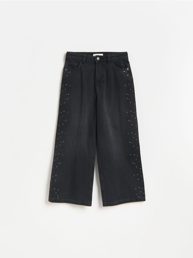 Reserved - Jeansy wide leg z aplikacjami - czarny
