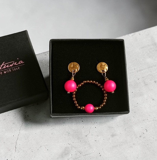 RAZEM TANIEJ! Swarovski neon pearls : neon pink : kolczyki & pierścionek