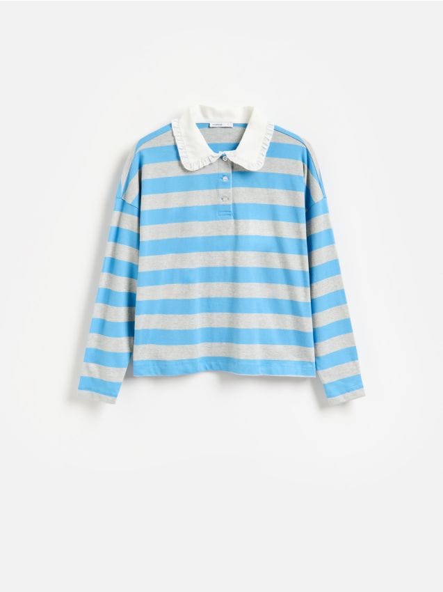 Reserved - Bawełniany longsleeve z kołnierzem - niebieski