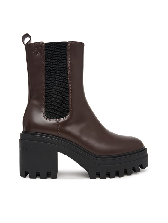 Calvin Klein Botki Chunky Heeled Chelsea Lth YW0YW01547 Brązowy ciemny