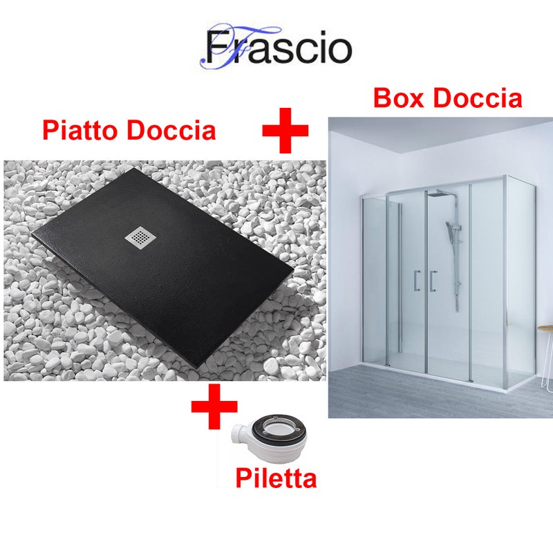 Brodzik Vulcano Line Slim Black 75x165 cm + Kabina prysznicowa 75x165 cm z jedną stałą taflą szkła i centralnym otworem z 4 taflami szkła - FRASCIO